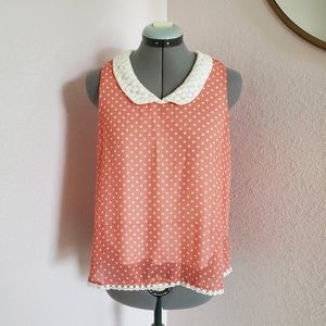 Coral polkadot peterpan collar top